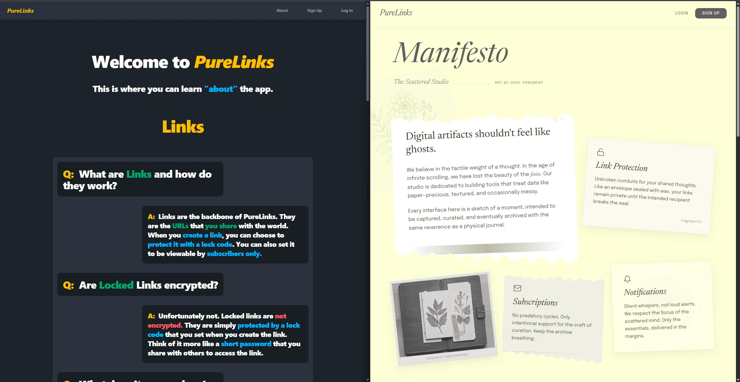 PureLinks about page after vibe redesign with Google Stitch