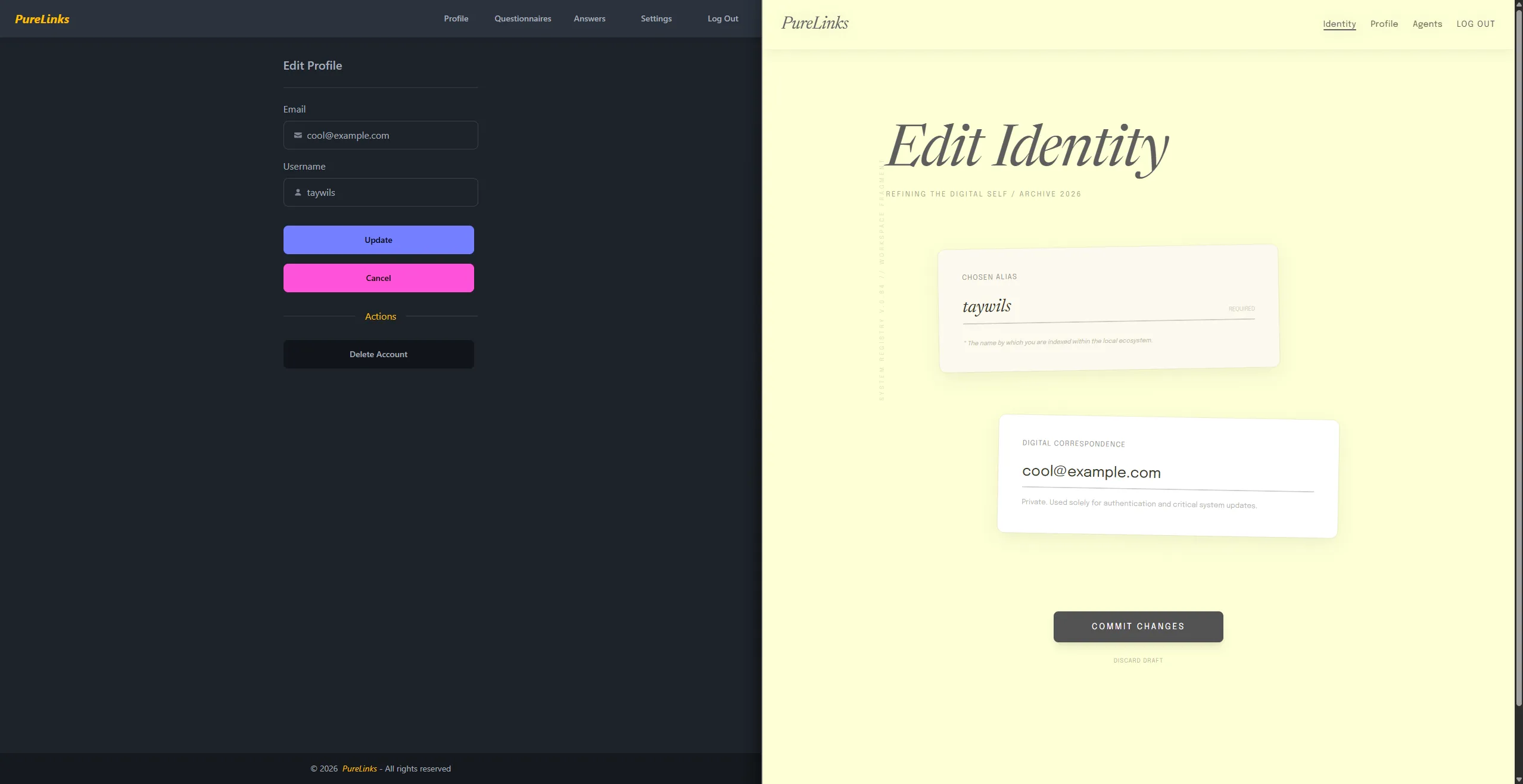 PureLinks Identity form after vibe redesign with Google Stitch