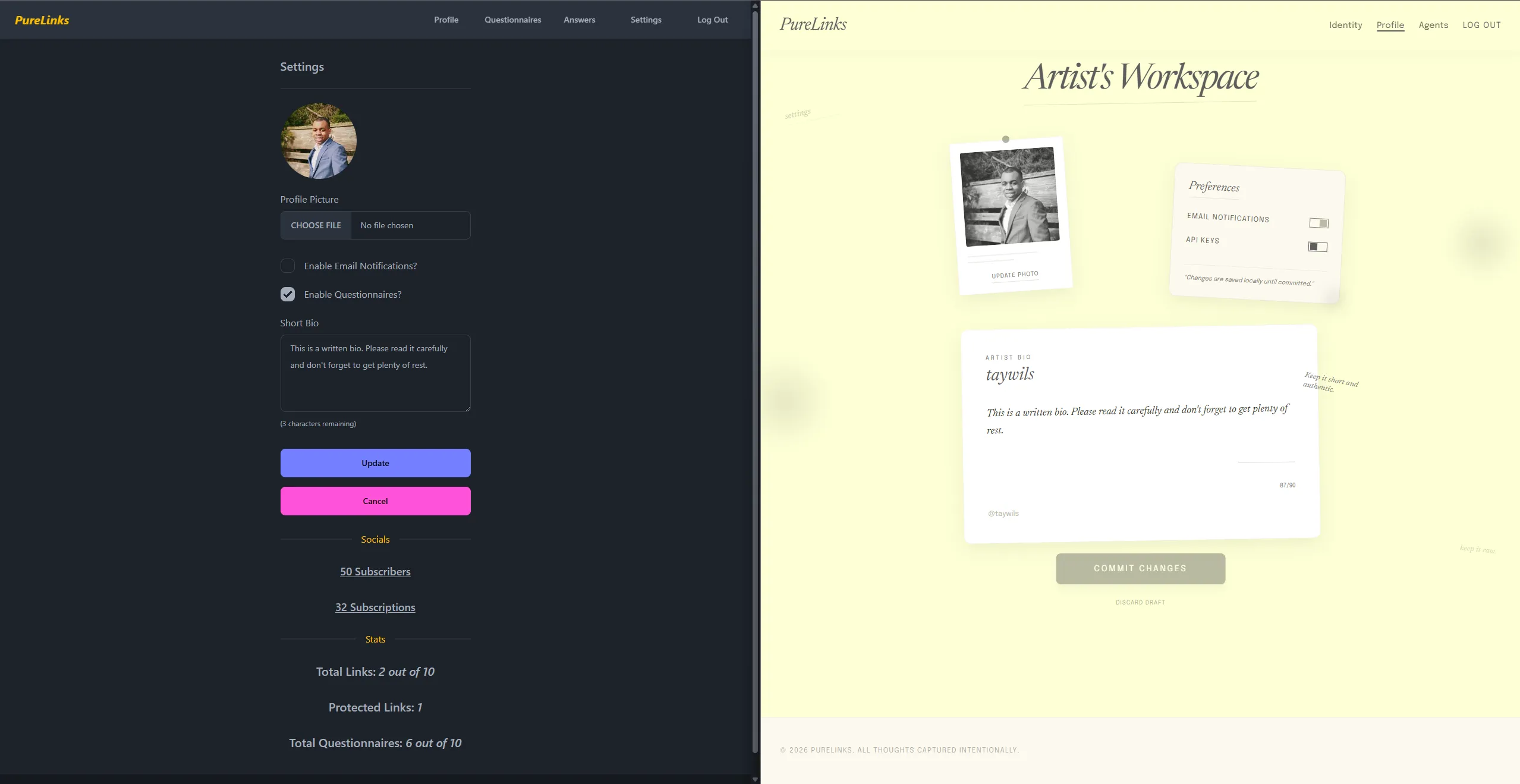 PureLinks profile page after vibe redesign with Google Stitch