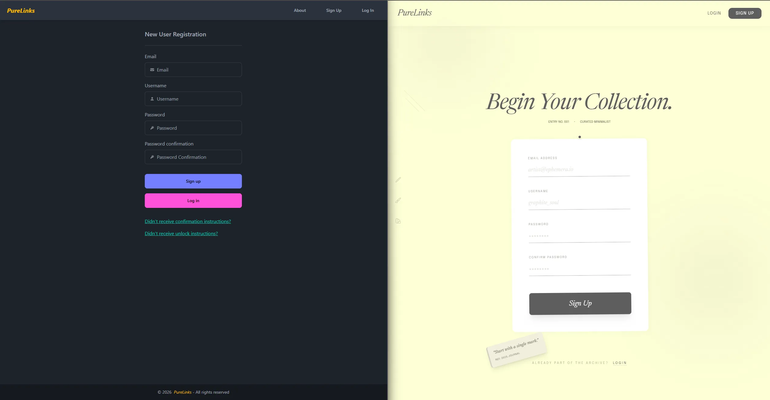 PureLinks sign up page after vibe redesign with Google Stitch